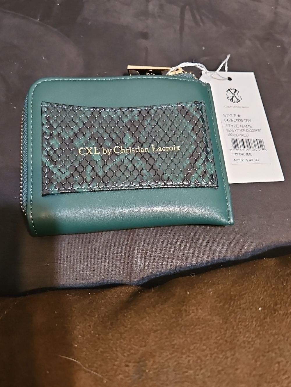 Christian Lacroix Teal Zip-Around Compact Wallet with Textured Panel